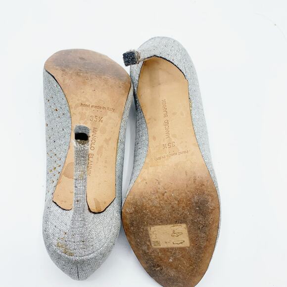 Manolo Blahnik Sparkly Silver Open Toe Heels - Picture 10 of 12